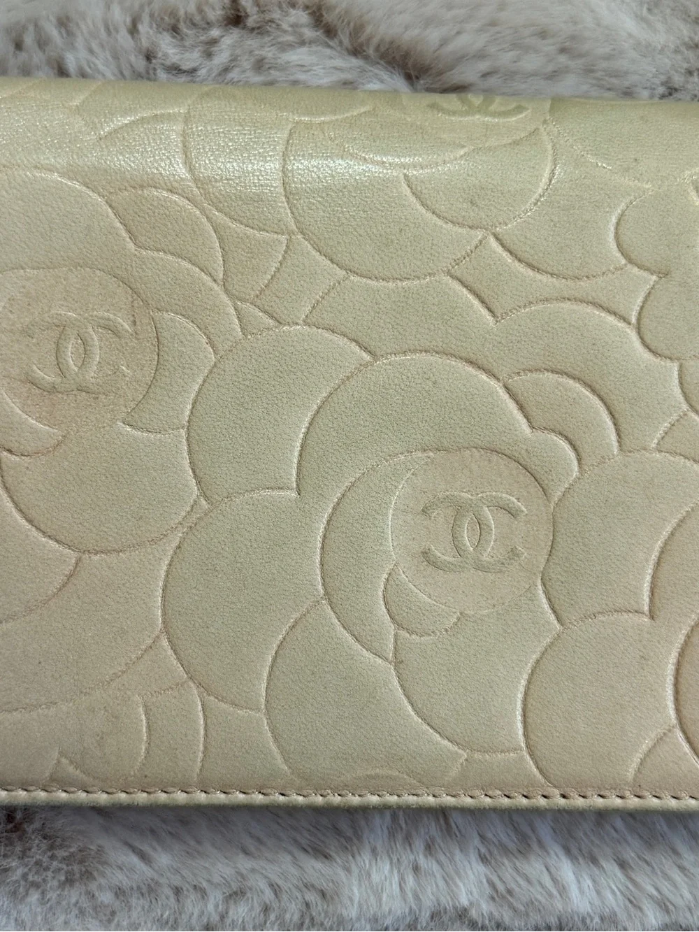 CHANEL Beige Camellia Embossed Leather Wallet with Gold CC